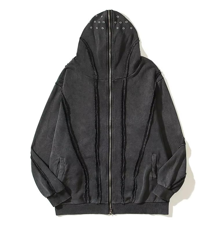 Men's Y2K Gothic Zip Up Hoodies Trendy Grinding Edge Masked Hoodies Hip-Hop Washed Jacket