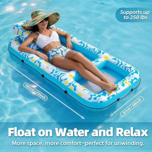 UPWELL Inflatable Pool Lounger Adult - Heavy Duty Lake Raft with Cooling Mesh Seat Cup Holders, Tropical Print Water Chair for Summer Tanning & Relaxation-Coastal Chic by UPWELL - Used condition - Image 5