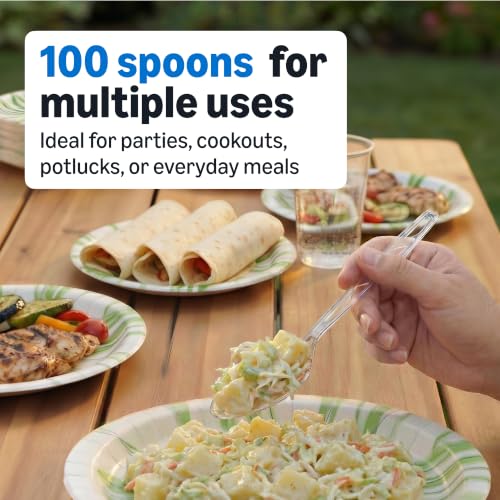 Image of Amazon Basics Disposable Clear Plastic Spoons, Premium Quality, 100 Count, Large Pack, Packaging May Vary