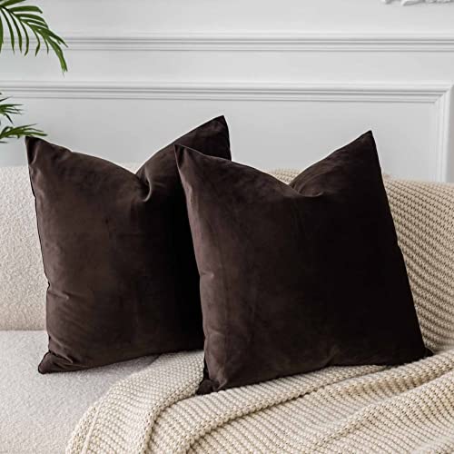 Image of JUSPURBET 28x28 Decorative Velvet Throw Pillow Covers Cases Set of 2,Coffee | Cozy Soft Euro Cushion Covers with Hidden Zipper for Couch Sofa Bed Living Room Bedroom Home Decor
