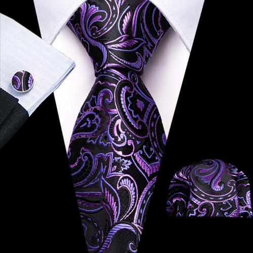 Image of Barry.Wang Men Tie Set Floral Paisley Silk Necktie Pocket Square Cufflinks Formal Wedding Party Business