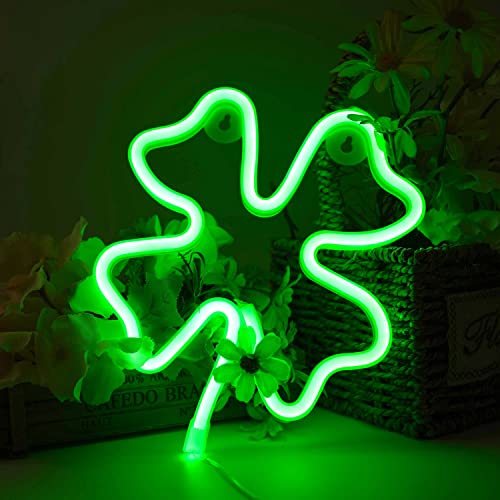 Image of Neon Sign Shamrock Shaped St. Patrick's Day Night Light, USB & Battery Operated Green Clover Glowing Decorative Irish Shamrock Light for Room Party Decorations