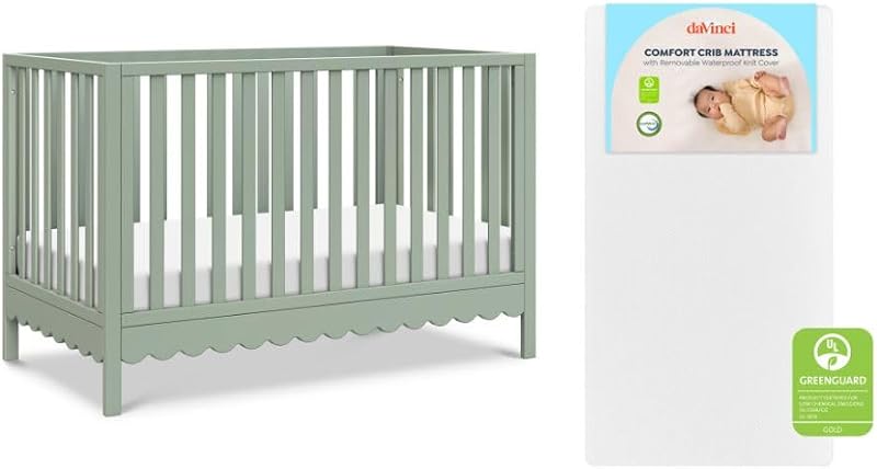 DaVinci Sammy Scallop 4-in-1 Baby Crib & Mattress Bundle - Light Sage | Low-Profile Crib Convertible to Toddler Bed, Daybed, Full Bed - Easy to Assemble - Includes Mattress w/ Waterproof Cover
