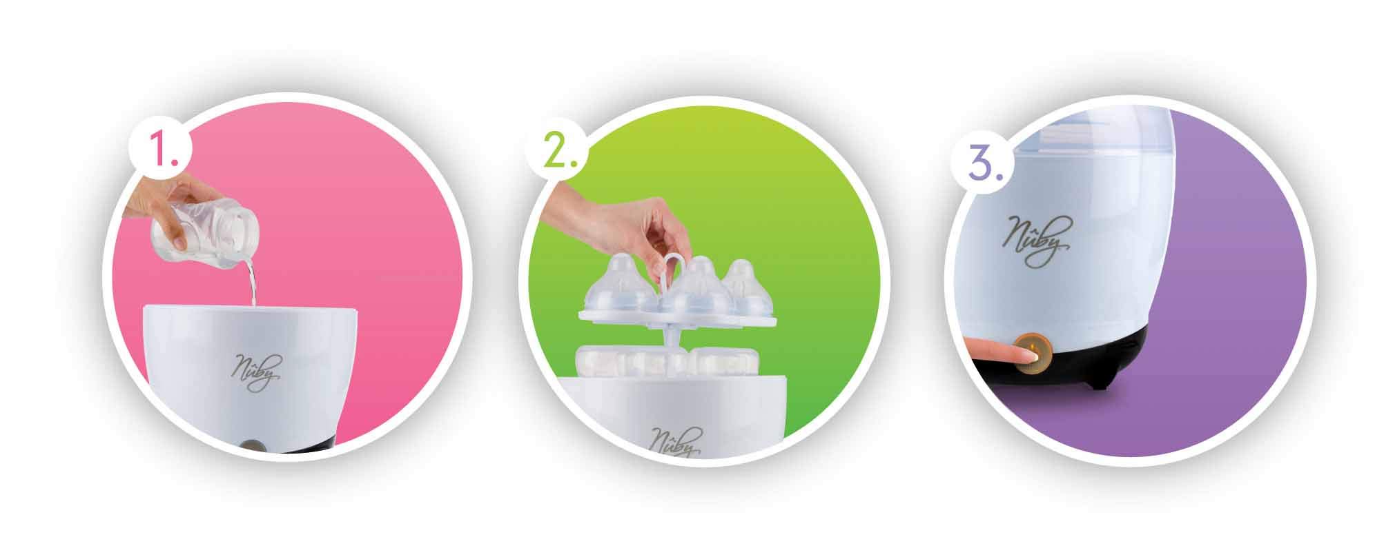 Nuby NTVP39 Vaporisator/Sterilisator für 5 Flaschen und Zubehör inklusiv 3x PP Flasche, 240 ml, weiß