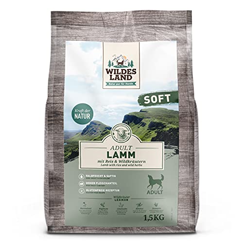 Wildes Land - Halbfeuchtes Trockenfutter für Hunde - Lamm - 1,5 kg -Soft mit Reis und Wildkräutern - Glutenfrei - Extra viel Fleisch - Für alle Hunderassen - Beste Akzeptanz