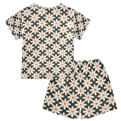 ALAZA Flower Blossom Daisy Black Pajamas Set Short Sleeve Cotton Sleepwear Summer Pjs 2 Piece 5-14Y2