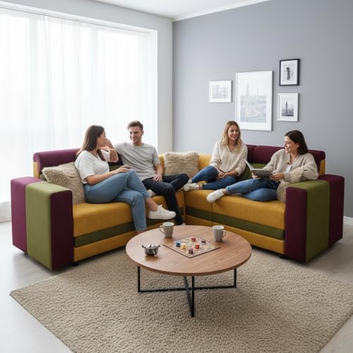 Image of APRODZ Wooden Sofa Set 6 Seater for Living Room, Solid Wood L Shape Sectional Sofa with Velvet Fabric Upholstery, Cushioned Seating for Home, Office & Lounge, Yellow, Green & Magenta Pink