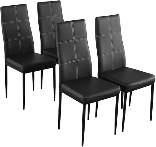 UDeuxff Juego de 4 sillas de comedor elegantes con decoración de 6 rejillas, asiento de piel sintética y marco de metal, respaldo blanco cojín negro