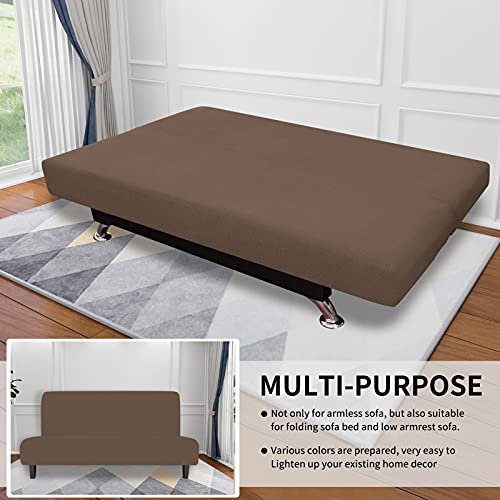 Image of Easy-Going Stretch Medium Futon Slipcover Armless Futon Cover Brown | Sofa Bed Furniture Protector Without Armrests with Elastic Bottom for Kids, Soft Jacquard Machine Washable