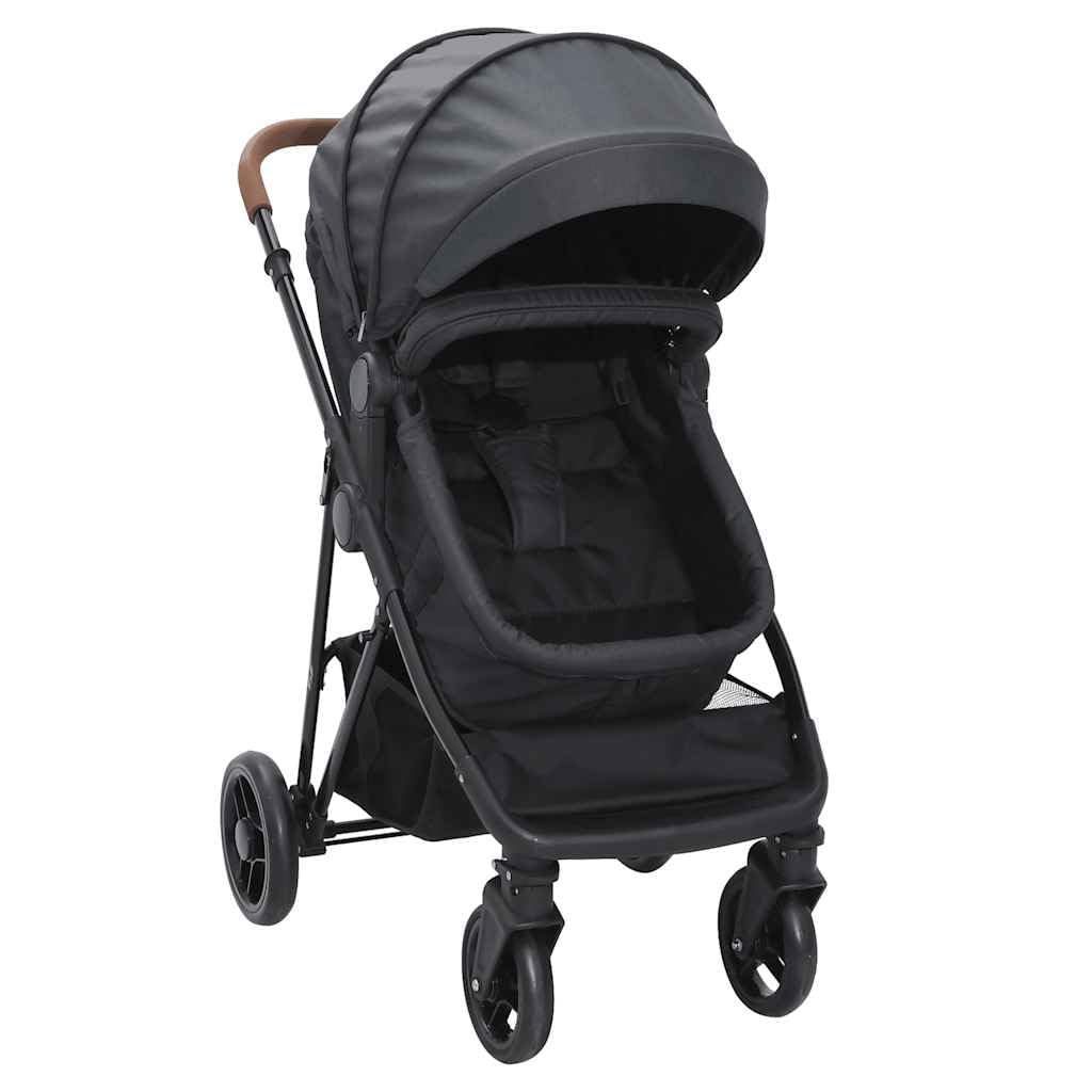 2-in-1 Kinderwagen Buggy Anthrazit Schwarz Stahl Kombi mit Liegefunktion und verstellbarem Sitz klappbar für Stadt, Reise, Urlaub mit Sonnendach und Stauraum