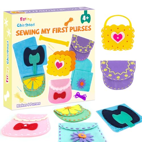Flying Childhood Soft Felt Sewing Kit for Kids, Sewing My First Purses, Create 6 Simple and Cute DIY Sewing Bag Projects, Birthday Gifts Toys for Girls 4-12 Years Old, Help Improve Fine Motor Skills