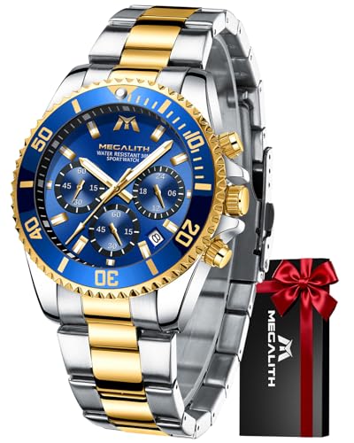 MEGALITH Montre Homme Étanche Chronographe Lumineuses Or Bleu Montre Bracelet Acier Homme Grand Date Analogique Quartz Élégant Classique