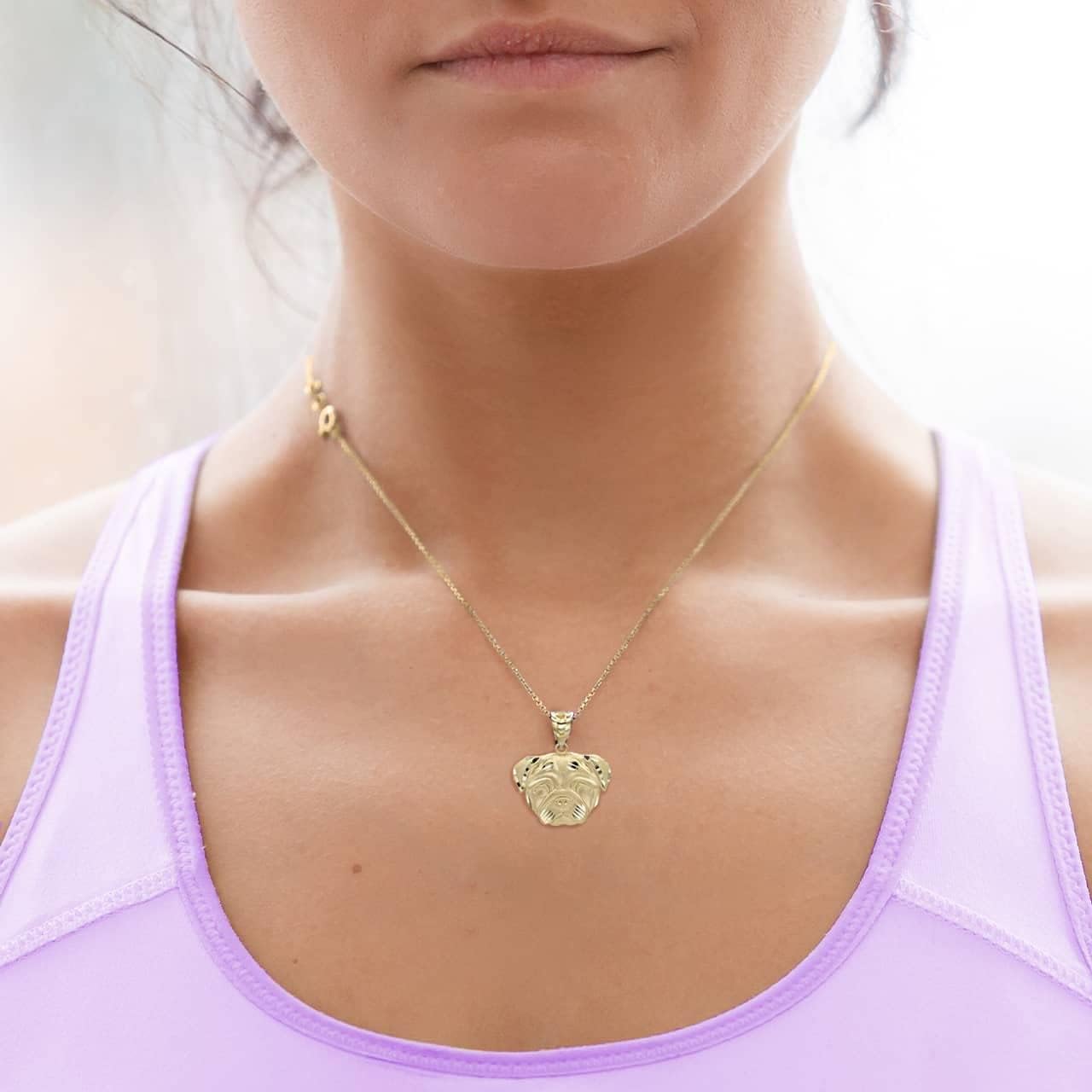 10K Yellow, White, or Rose Gold Lovely Animal Pug Dog Head Charm Pendant Necklace with Rolo Chain