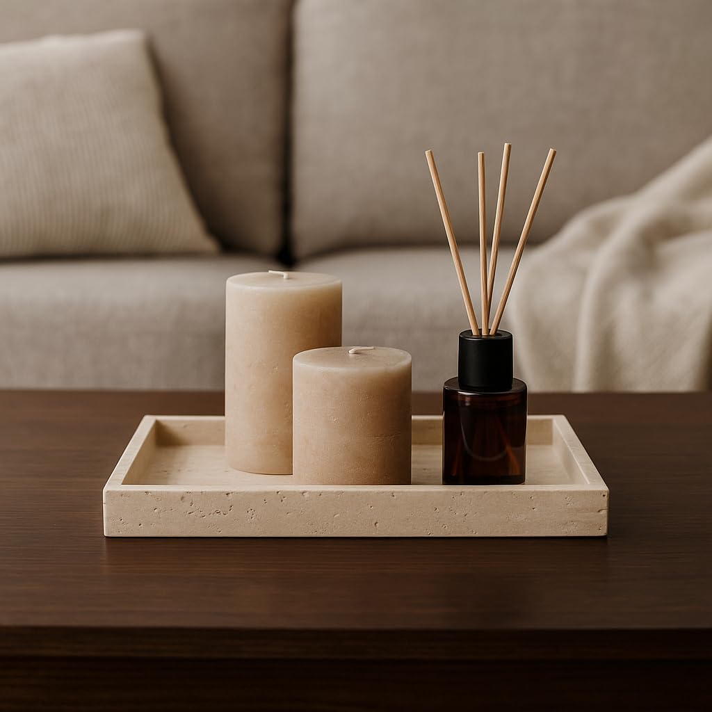 Kalu Creations Bandeja de Travertino Natural 30 x 20 x 3 cm | Elegante bandeja rectangular de almacenamiento, base para baño, cocina, salón y mesa | Diseño artesanal Made in Italy