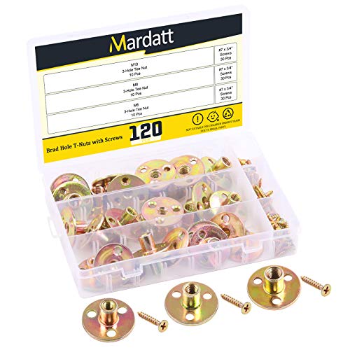 120Pcs Brad Hole Tee Nut with Screws Assortment Kit M6 M8 M10 Carbon Steel T-Nuts Zinc Plated Round Base Female Thread Screw-in Furniture Hardware