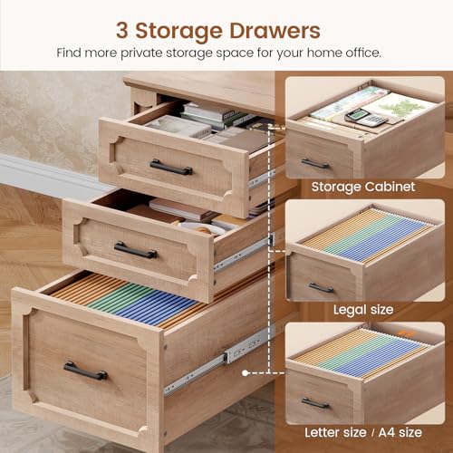 Image of SEDETA Farmhouse 70.9 inch Executive Desk, Home Office Desk with File Drawers and Storage Cabinet, Computer Desk with Power Outlet for Home Office, Work Study Writing, Oak