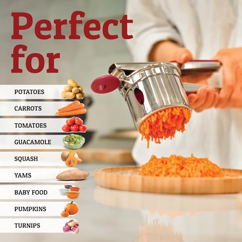 Image of PriorityChef Large 15oz Potato Ricer With 3 Discs, Heavy Duty Stainless Steel Potato Ricer for Mashed Potatoes, Potato Masher, Press and Ricer Kitchen Tool, Red