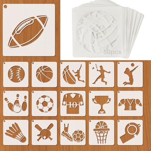 50 Pièces Sports Pochoir Peinture Pochoirs pour Peinture Pochoir de Balle de Sport Thème Sport en Plastique Réutilisable pour peinture Sur Bois Mur...
