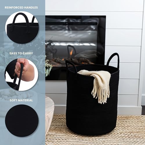 Image of OrganiHaus Tall Cotton Rope Laundry Basket & Hamper, Blanket Storage 52L | Full Black - Tall Cotton Rope Hamper, 52L