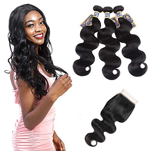 Lenaqueen Brazilian Body Wave Virgin Hair 3 Bundles with Free Part Closure (18 20 22 + 16 inch, Natural Black) 100% Human Hair Unprocessed Virgin Brazilian Body Wavy Hair Weft with 4x4 Lace Closure