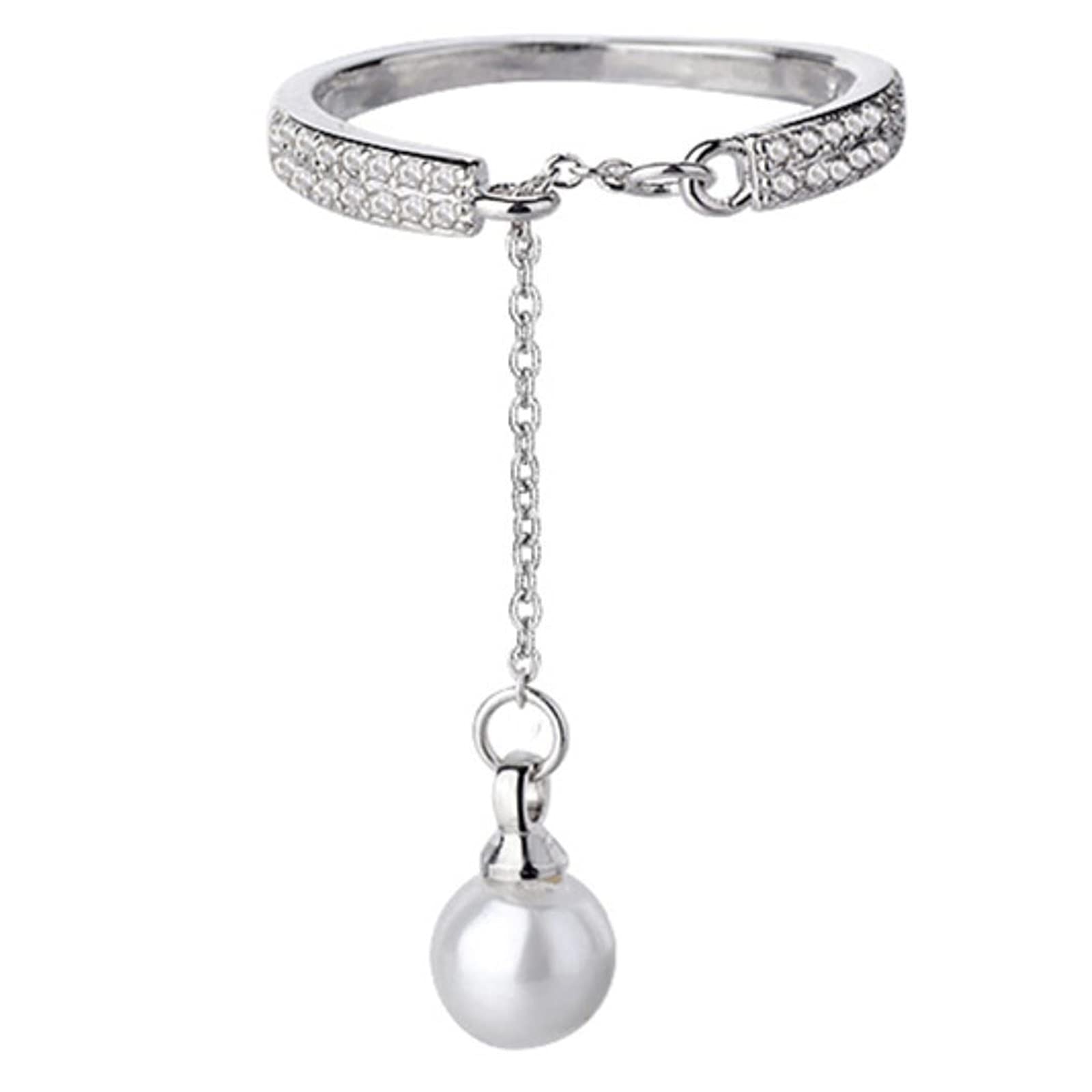 HCMA 925 Silver Micro Zircon Tassel Chain Pearl Adjustable Rings For Women Rings