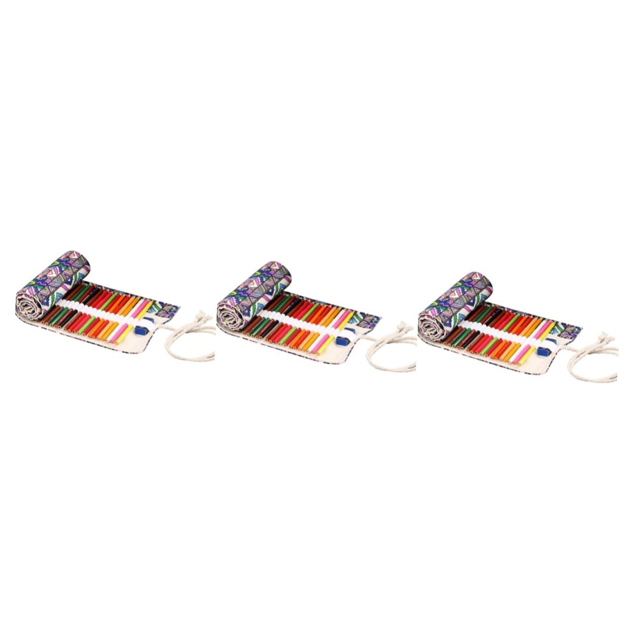 STOBOK 3piezas Estuche Portátil De Lápices De Estilo Bolsa De Canvas Hecha Mano Organizador Capacidad para Lápices para Dibujantes y Artistas Diseño Enrollable Cierre