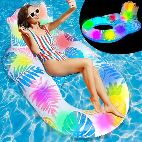 Spobot Inflatable Pool Float Adult - Light Up Pool Floaties Lounger Floats Floating Chair Raft with Cup Phone Holder - Pool Chairs for in Pool for Adults Large Size Summer Beach Lake Lounge