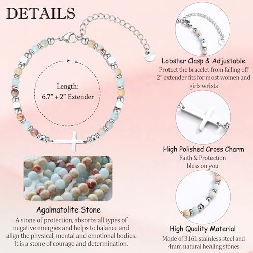 Happy 10th 13th 16th 18th 21st Birthday Gifts for Girls- Adjustable Stainless Steel Christian Cross Beaded Bracelet, 10 13 16 18 21 Year Old Birthday Gift Ideas3