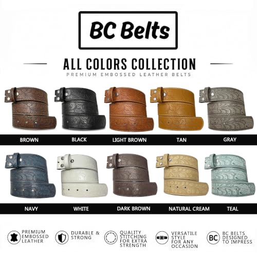 Image of BC Belts Western Leather Belt Strap - 1.5 inch Wide with Embossed Scrollwork Without Buckle for Men & Women, Cowboy /Cowgirl Style