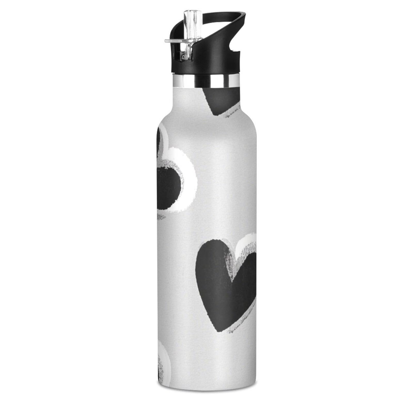 Black Hearts Grey Pattern BPA-Free Leak Proof Kids Metal Water Bottle with Leak Proof Spout Lid Double Wall