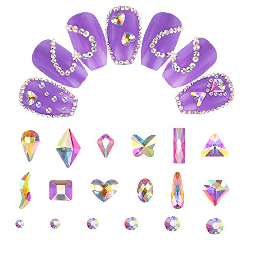 Nail Art Crystals Shapes, Cosics 100PCS Short Ballerina Coffin Acrylic Nails Full Cover Natural, 120PCS + 1440PCS Flatback Glass 3D Nail Art AB Rhinestones Gems Stones Jewels for Nail Salon, Home DIY