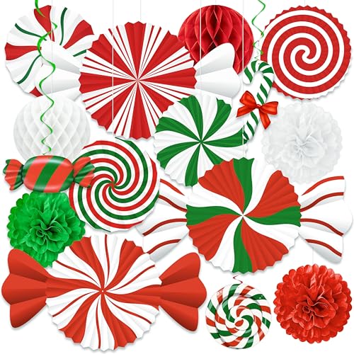 15pcs Candyland Christmas Party Decorations – Paper Fans, Honeycomb, Swirls