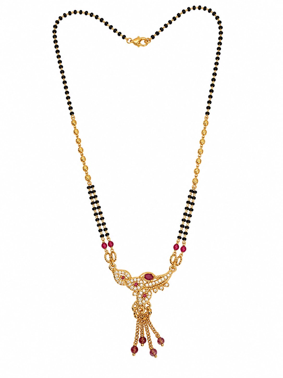 Traditional Gold Tone Mangalsutra Necklace for Women Ruby Accent Designer Pendant Black Bead Chain Lightweight Alloy Jewelry Ethnic Bridal Anniversary Festival Daily Wear Wedding Fashion Accessory-image-1