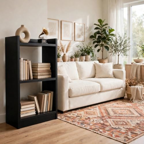 Image of SBF Furniture 3 Tier Wooden Bookshelf, Engineered Wood Book Rack, Multipurpose Storage Shelf for Books, Decor & Kitchen, Compact Space-Saving Shelf (BK)