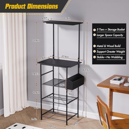3D-printerstandaard 5-laags met filamentopslag en zijzak, stevig metalen frame, houten planken, muurbevestiging, zwart - Afbeelding 4