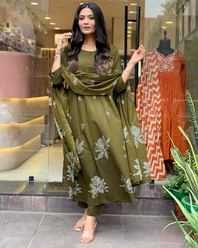 Image of GoSriKi Women's Rayon Viscose Anarkali Printed Kurta with Pant & Dupatta