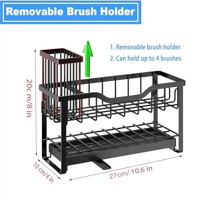 2-Tier Sponge Holder for Kitchen Sink, Caddy Organizer with High Brush Holder, Durable & Rustproof Kitchen Sink Accessories (Black)