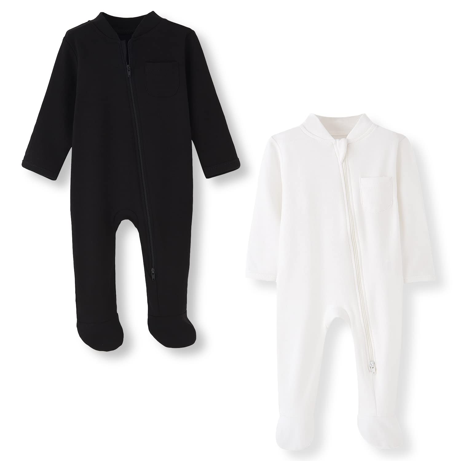 BINIDUCKLING Baby-Jungen Mädchen Schlafanzug Schlafstrampler für Neugborene 0-12 Monate, 2-Wege-Reißverschluss, Baumwolle, mit Füßen, 2er-Pack