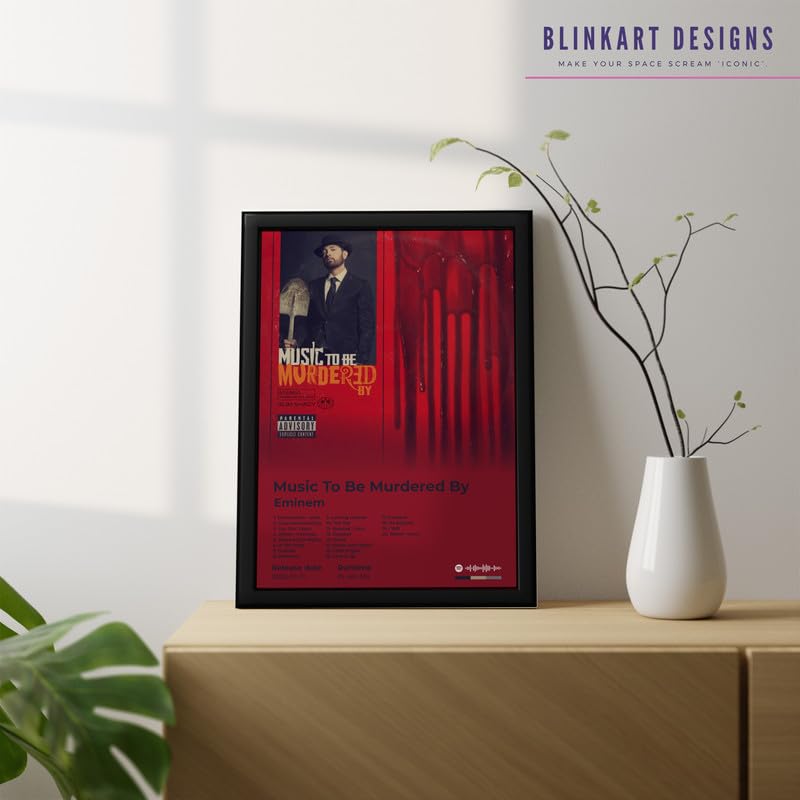 Image of BLINKART Eminem- Music To Be Murdered By Wall Photo Frames | Wall Art for Bedroom, Living Room, Studio or Office | Album Cover Print with Spotify Song Link QR Code | Gift for Fans - 8x12 In