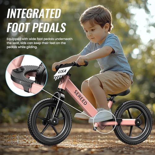 Image of SEREED Toddler Balance Bike 2 Year Old, No Pedal Kids Bicycle Toys for 2-5 Years Old, Tool-Free Adjustment, Customize Plate with Stickers, Gift for 2-3 Boys Girls (Pink)
