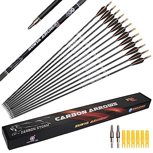 SUNYA Archery Compound Bow Arrows 12pcs Set. 30 Carbon Shaft Spine 400 or 500 with Removable Tips (Black Golden-Golden Nock Spine 400 Spine 400-30Inch)