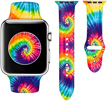 Tie Dye Sport Bands Compatible Apple Watch Band 38mm 40mm 41mm 42mm 44mm 45mm for Women Men, Rainbow Print Adjustable Soft Silicone Replacement Smartwatch Wristband for iWatch Series 7 6 5 4 3 2 1 SE38mm/40mm