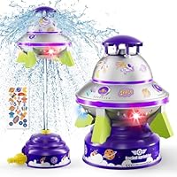 JOI MEW UFO Water Sprinkler for Kids, Water Rocket Toy Outdoor Summer Play W/Light & Spin, Adjustable Height Water Launcher, DIY Space Sticker, Backyard Lawn Gift for Girls Boys 3-12 Year Old Purple