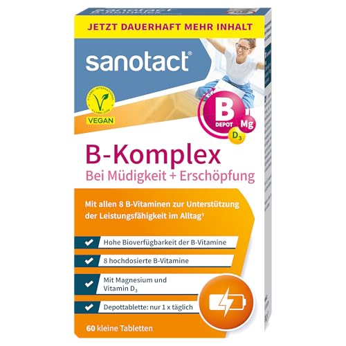 sanotact B-Komplex + Magnesium + Vitamin D3 (60 Tabletten) • Hochdosierte B-Vitamine mit Depot & Langzeitwirkung • 100% Vegan • Vitamin B1, B2, B6, B12, D3, Biotin, Folsäure, Magnesium