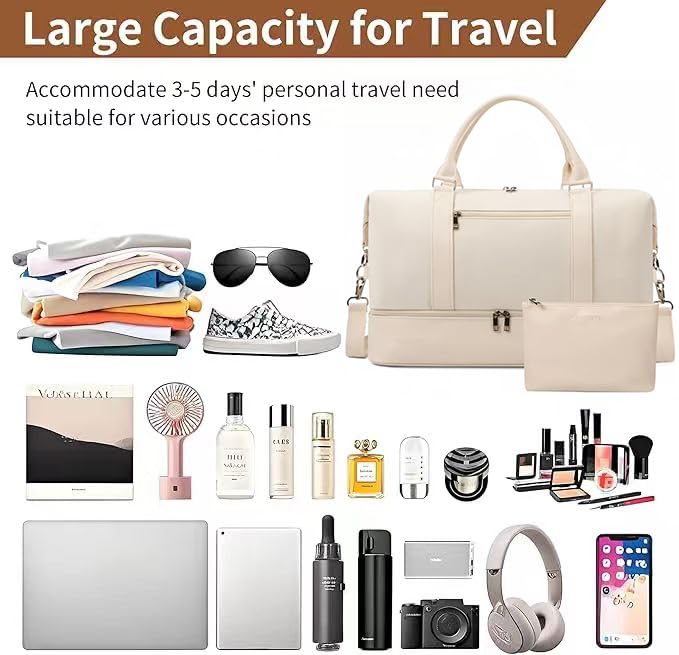 Image of Oeihuivt Weekender Bags for Women - 21 Inch Large Travel Duffel Bag with Shoe Compartment, Heavy-Duty Canvas Leather Carry On Overnight Tote, Beige-1, 21, Weekend Trip