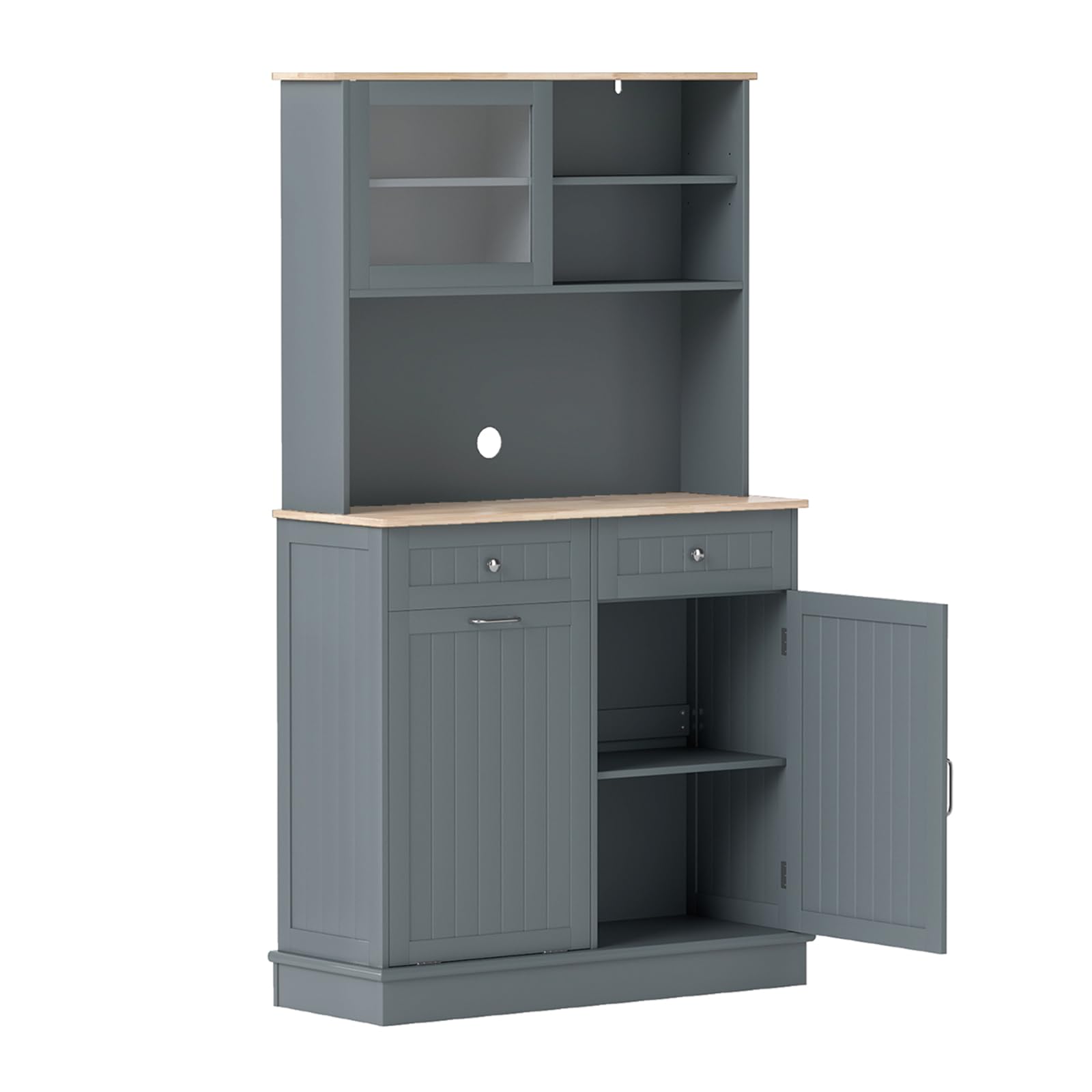 KOMFOTTEU Buffet Haut avec Support pour Poubelles, Colonne de Cuisine avec 2 Tiroirs & 2 Armoires à Portes, Meuble Rangementd de Cuisine, Plan en Bois Massif, 100 x 34 x 172 cm (Gris)