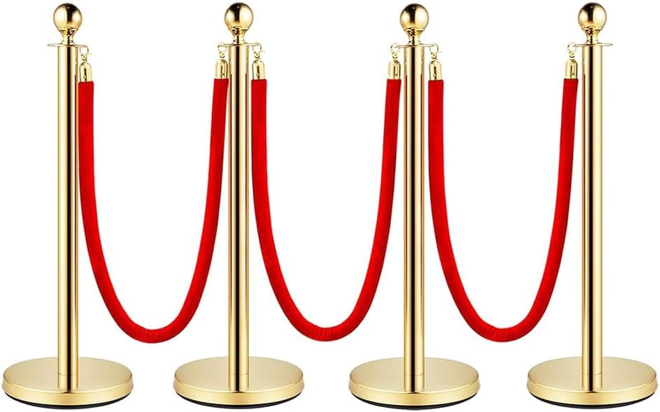 Crowd Control Stanchion, Set with 5 ft/1.5 m Red Velvet Rope, Stanchion Rope Divider, Gold Queue Barrier Line Divider with Fillable Plastic Base, Airport(4)