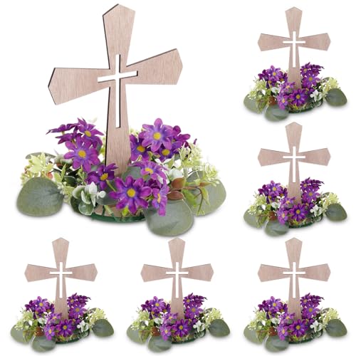 Novabright 6 Pcs Wooden Cross Table Centerpieces with 6 Pcs Floral Wreaths Standing Religious Decorations for First Communion Baptism Christening Confirmation Wedding Decor (Purple Wreath)