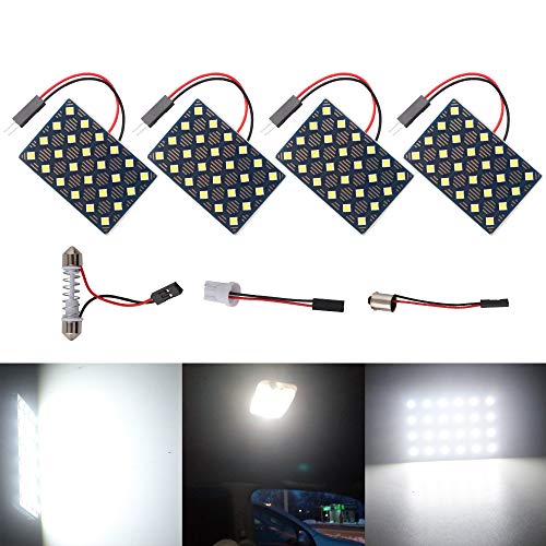 Qasim 4-Pack AC DC 12V 3030 24 SMD LED Auto Car Panel Domo Lámpara Interior Lectura Matrícula Luz Techo Techo Lámpara con Cable No polaridad con adaptadores T10 / BA9S / Festoon Blanco Cover