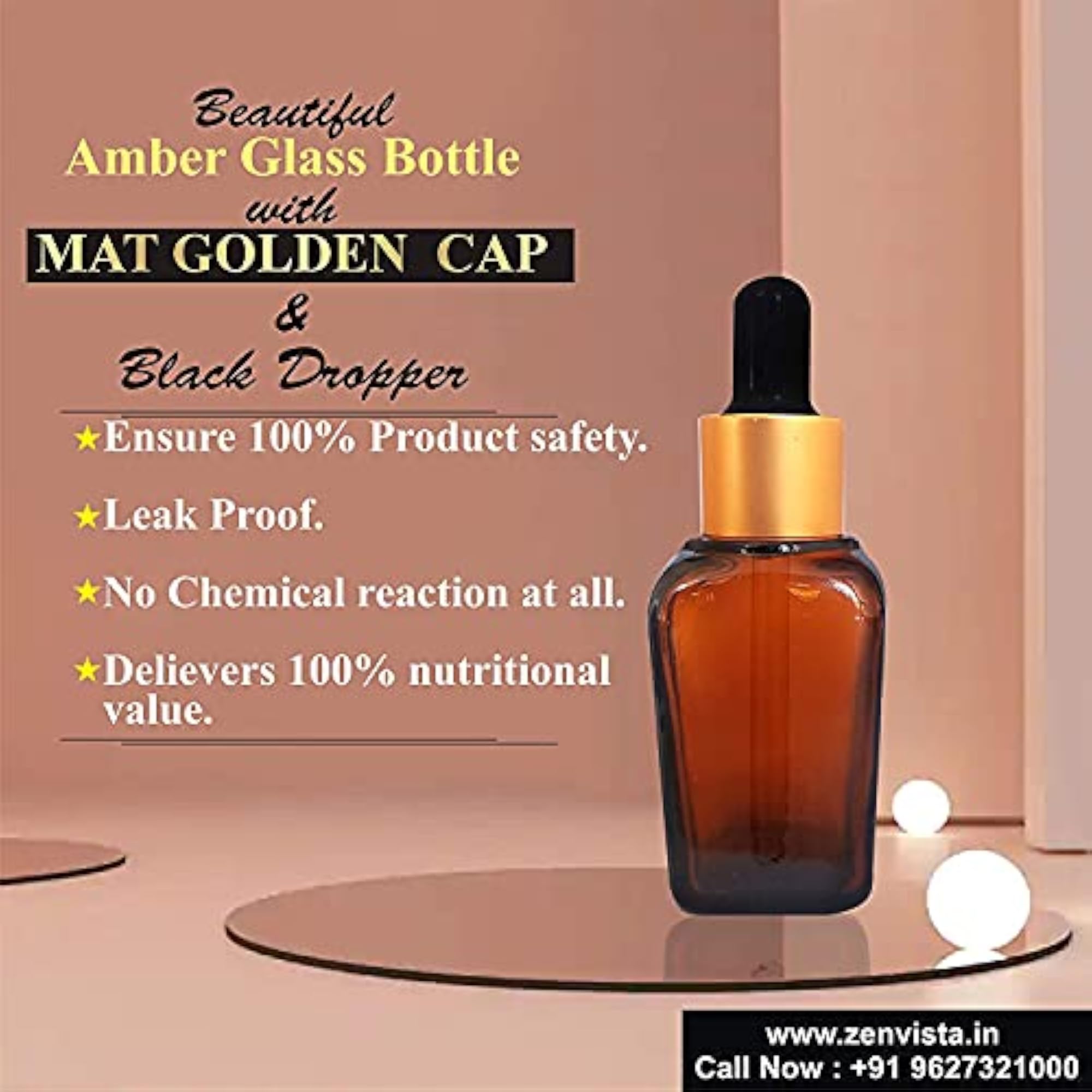 Pack of 5 Square Shape Amber Glass Dropper Bottles 30ml